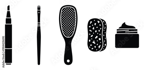 Essential beauty and personal care tools including a cosmetic pen, makeup brush, foot file, bath sponge, and moisturizer jar for health, wellness, and selfcare concepts