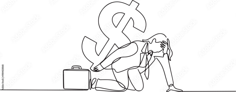 Obraz premium Single one line drawing unhappy businesswoman under heavy dollar symbol burden. Overworked or overloaded worker due to economic crisis, debt pressure. one line icon drawing vector