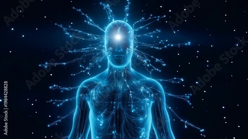 Human silhouette with glowing energy points and cosmic stars background