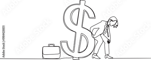 Single one line drawing unhappy businesswoman under heavy dollar symbol burden. Overworked or overloaded worker due to economic crisis, debt pressure. one line icon drawing vector