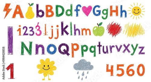 Colorful ABCs and Numbers Collection Featuring Fun Illustrations and Hand-Drawn Elements