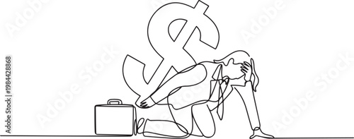 Single one line drawing unhappy businesswoman under heavy dollar symbol burden. Overworked or overloaded worker due to economic crisis, debt pressure. one line icon drawing vector