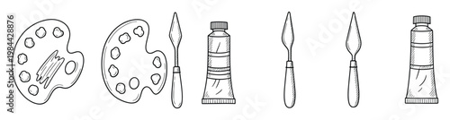 Hand drawn line drawing of essential artist tools including paint palettes, palette knives, and paint tubes for various creative projects and educational materials