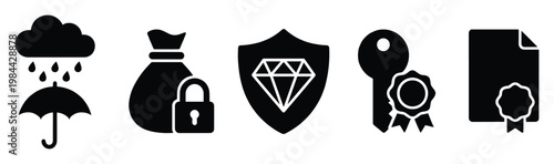 Collection of essential black silhouette icons representing security, protection, finance, and certified documents, ideal for insurance company websites, financial services marketing, or