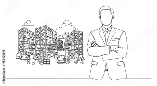 Business leader observing streamlined inventory management within a busy storage facility featuring forklifts and active staff, suitable for enterprise and distribution solutions.