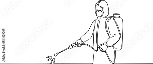 Single line drawing of a man in protective suit standing as he spray pesticide, showcasing professional pest control practices and safety measures. one line icon drawing vector