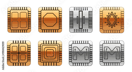 Collection of stylized electronic microchip icons representing technology and data processing