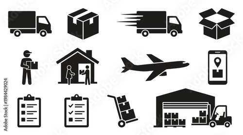 Shipping and delivery vector icons set with truck, box, warehouse, logistics, air cargo, checklist, smartphone tracking, forklift, package handling, ecommerce, and transportation design