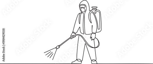 Single line drawing of a man in protective suit standing as he spray pesticide, showcasing professional pest control practices and safety measures. one line icon drawing vector