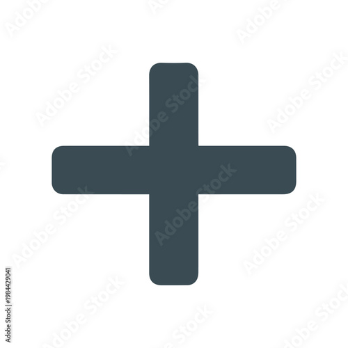 Dark charcoal gray plus sign symbol with rounded corners over a white background