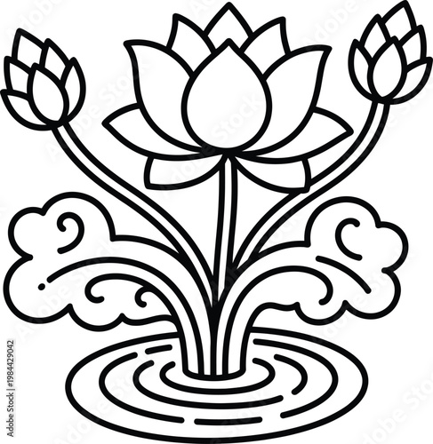 Stylized lotus flower and buds emerging from water with decorative swirls in a clean line art design