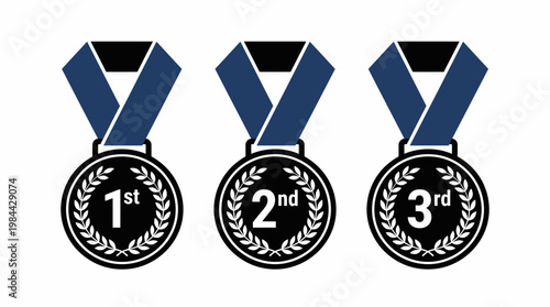 Gold, silver, bronze medals vector illustration with blue ribbons, achievement awards, honor recognition, excellence ranking, competition prize, sports victory, and accomplishment design for events