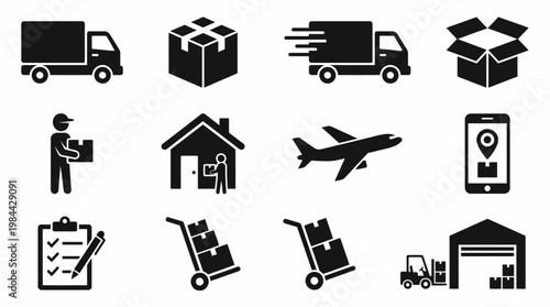 Shipping and delivery vector icons set with truck, box, warehouse, logistics, air cargo, checklist, smartphone tracking, forklift, package handling, ecommerce, and transportation design