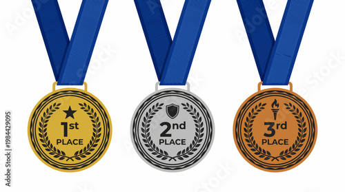 Gold, silver, bronze medals vector illustration with blue ribbons, achievement awards, honor recognition, excellence ranking, competition prize, sports victory, and accomplishment design for events