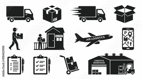 Shipping and delivery vector icons set with truck, box, warehouse, logistics, air cargo, checklist, smartphone tracking, forklift, package handling, ecommerce, and transportation design