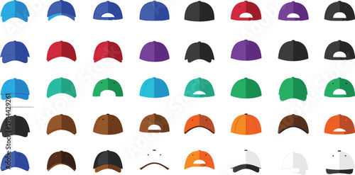 Baseball cap vector set with different styles colors and front back views headwear collection isolated on white background illustration design