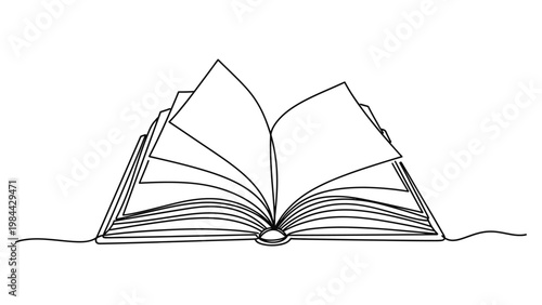 A black line drawing of an open book. Continuous line style. Hand drawn. Line art. Vector design. illustration