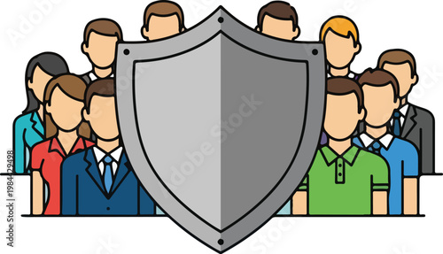 Diverse group of people protected by a large metallic shield, symbolizing security, insurance, and community safety.