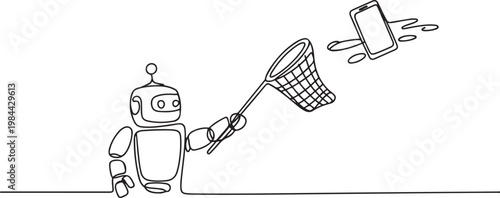 Single one line drawing robot try to catch flying smartphone with butterfly net. Talking, communication, gadget. Future technology. one line icon drawing vector