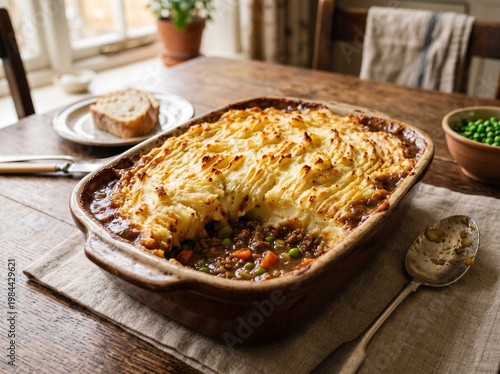 Traditional Homemade Shepherd's Pie in a Ceramic Baking Dish