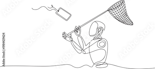 Single one line drawing robot try to catch flying smartphone with butterfly net. Talking, communication, gadget. Future technology. one line icon drawing vector