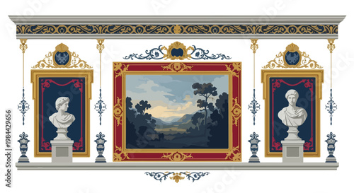A decorative interior wall featuring a landscape painting flanked by two white busts on pedestals with ornate gold and blue frames against a white background.