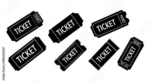 Collection of black and white tickets with perforated edges, conveying the concept of entry, admission, or event access