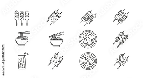 Diverse Collection of Asian Cuisine Line Icons Featuring Skewered Delights, Noodle Bowls, and Classic Dishes for Menus and Digital Designs