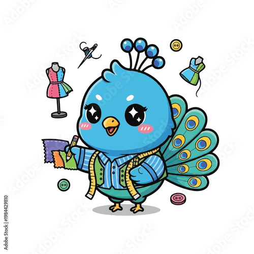 Cartoon blue bird with measuring tape.