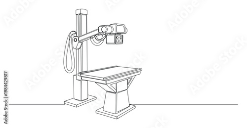 Modern medical radiography Xray equipment featuring an examination table depicted in a continuous line drawing style suitable for healthcare technology and diagnostic presentations