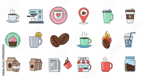 A versatile collection of flat line coffee and cafe-related icons, depicting hot and cold beverages, espresso machines, and coffee shop essentials for digital designs