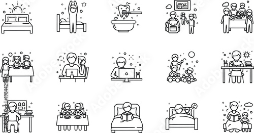Doodle style bedroom and people icons set isolated on transparent background