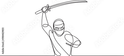 Continuous one line drawing man ninja in mask standing on stance, raising katana sword high for powerful overhead strike, illustrating focus action. one line icon drawing vector