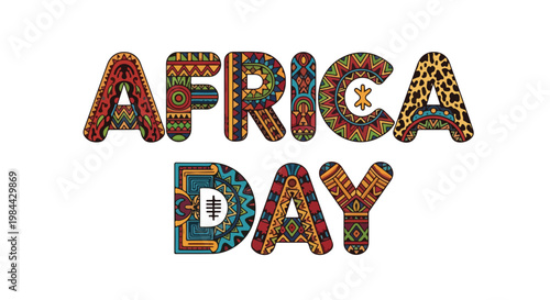 Colorful text graphic reading 'Africa Day' with vibrant, patterned letters on a white background.