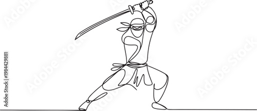Continuous one line drawing man ninja in mask standing on stance, raising katana sword high for powerful overhead strike, illustrating focus action. one line icon drawing vector