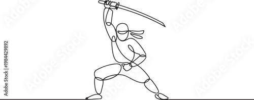 Continuous one line drawing man ninja in mask standing on stance, raising katana sword high for powerful overhead strike, illustrating focus action. one line icon drawing vector