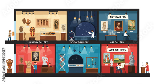 Cross-section illustration of a multi-story art gallery building with various exhibits and visitors on a white background with a flat lay from above.