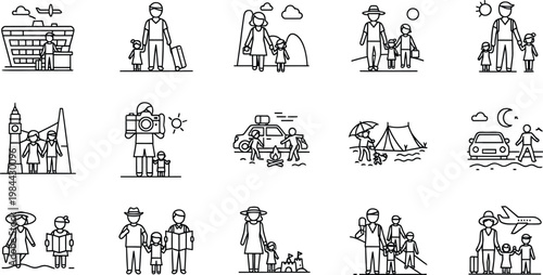 Travel icons set silhouette illustrations of tourists and landmarks isolated on transparent background