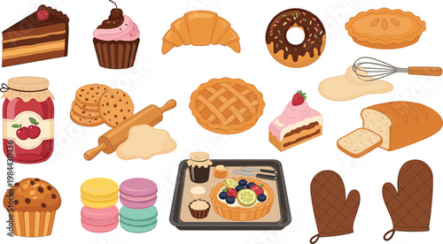 Bakery Desserts and Pastry Vector Set Featuring Cake Donut Pie Croissant Cookies and Baking Tools
