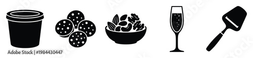 Collection of popular food and beverage icons including a snack container, salami slices, mixed nuts, a champagne glass, and a cheese slicer, perfect for culinary and partythemed projects