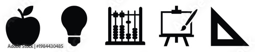Collection of black silhouette educational and creative icons including apple, light bulb, abacus, easel, and set square for learning and school projects applications