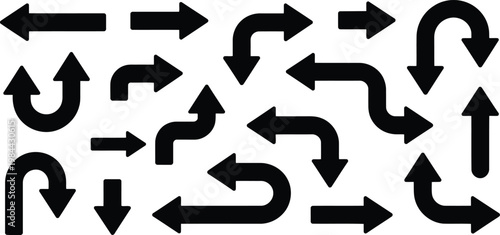 Collection of black arrows diverse directions and curvature