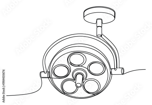 Continuous line drawing depicting a surgical operating room light fixture used in medical settings for critical procedures requiring intense illumination and precision