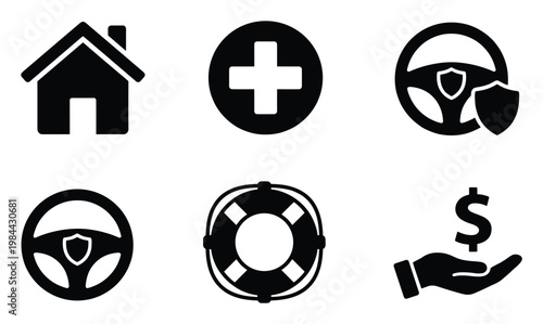 Comprehensive insurance services icons including home, health, auto, safety, and financial protection symbols for business brochures and digital marketing materials