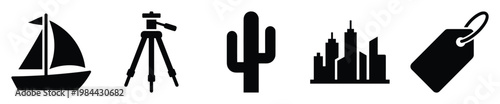 Collection of useful black silhouette icons including a sailboat, a photography tripod, a desert plant, an urban city skyline, and a retail tag, suitable for various digital and print media