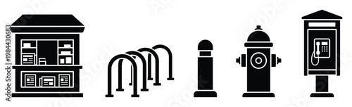 Urban street furniture icons featuring a newsstand, bicycle racks, a bollard, a fire hydrant, and a public telephone booth, perfect for city infrastructure projects and urban environment