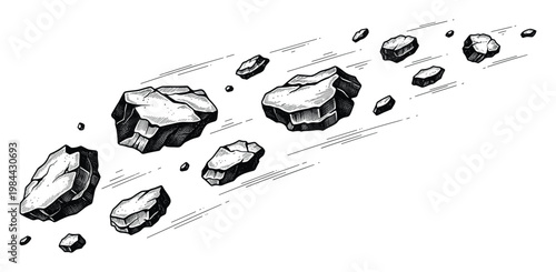 Dynamic scattered rocks and gravel in a bold graphic style showing powerful movement and trajectory excellent for gaming elements or science fiction themed projects