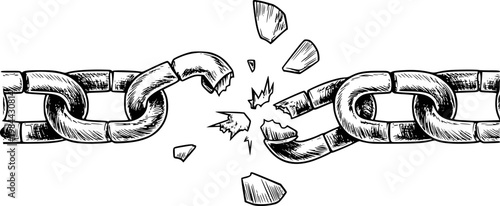 Vintage Style Broken Chain Links with Shattered Pieces White Background metal connection