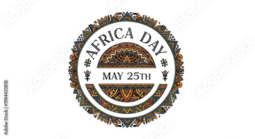 Flat design illustration of Africa Day logo on May 25th with traditional African patterns and colors on a white background.
