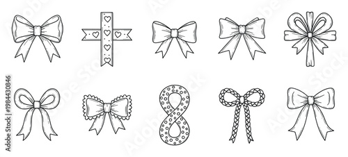 Collection of handdrawn outline bows and ribbon number eight perfect for decorating gifts invitations and celebratory graphic design projects